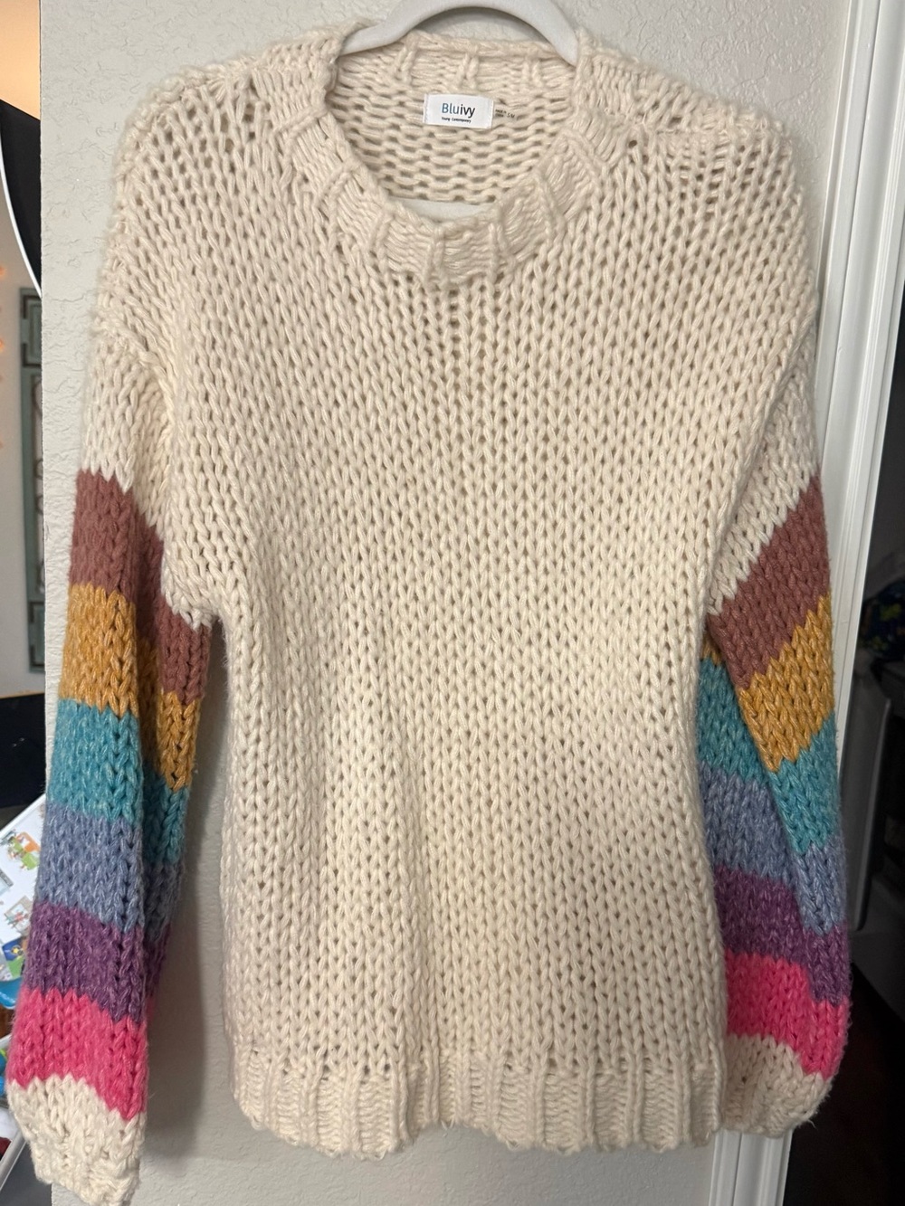 Bluivy Cream Knit Sweater with Rainbow Stripe Sleeves